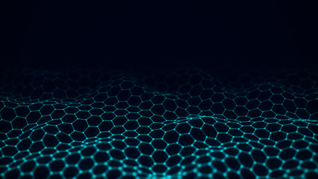 Digital gradient hexagon blue wave with dots and lines on the dark background. The futuristic abstract structure of network connection. Big data visualization. 3D rendering.の写真素材
