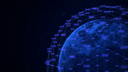 Blue 3d sphere in a shape of Earth with dots. Network connection orbit effect. With numbers and the...