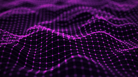 Digital straight wave with dots on the dark background. The futuristic abstract structure. Big data visualization. 3D rendering.の写真素材