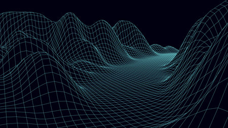 Abstract digital neon grid background. Futuristic retro mountains backdrop. Big data visualization....