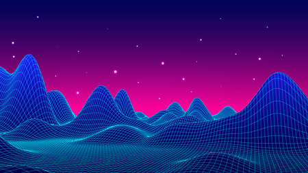 Futuristic 3d retro landscape with night sky, sunset and stars on horizon. Digital style background of the 1980s. Blue neon mountains. Big data visualization. vector illustration.のイラスト素材