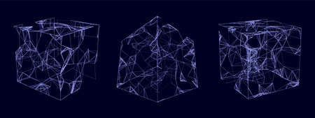 Abstract lines connection in the shape of cube. Mesh square with flying debris. Global digital futuristic technology of network. vector illustration.のイラスト素材