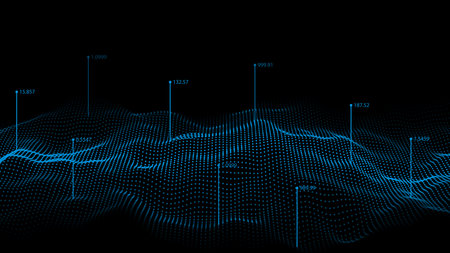 Digital halftone blue wave with dots. The futuristic abstract structure. Effect of data collection and visualization. vector illustration.のイラスト素材