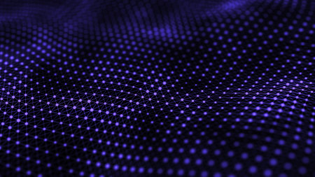 Digital wave with dots and lines on the dark background. The futuristic abstract structure of network connection. Big data visualization. 3D rendering.の写真素材