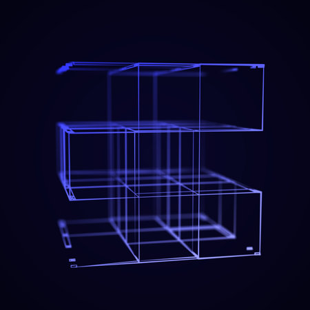 Abstract gradient lines connection in the shape of boxes. Mesh square with structured particles, frame of the house. Digital futuristic technology of network. 3d rendering.の写真素材