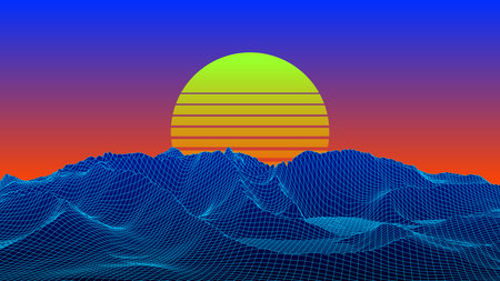 Futuristic 3d retro landscape with night sky, sunset on horizon. Digital style background of the 1980s. Blue neon mountains. Big data visualization. vector illustration.のイラスト素材