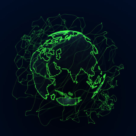 3d sphere in a shape of Earth with continents and islands. Abstract global planet with flying particles. Big data visualization. 3D rendering.の写真素材