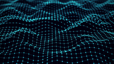 Network connection wavy style technology. Abstract plane landscape backdrop. Digital modern background or wallpaper. Big data visualization. 3D rendering.の写真素材