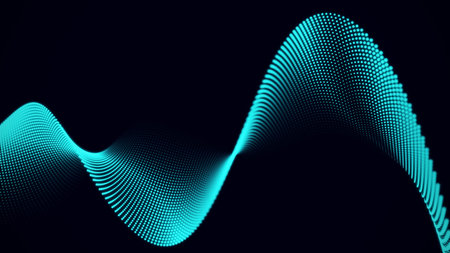 Digital dynamic wave with dots on the dark background. The futuristic abstract structure of network...