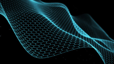Style hexagon wave background. The futuristic modern backdrop. Abstract texture of network connection. Big data visualization. 3D rendering.の写真素材