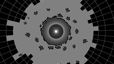 Circle destroyed tunnel with hole and particles. Wireframe grid box, network connection technology. Futuristic portal pattern. Vector illustration.のイラスト素材
