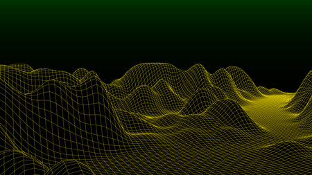 Abstract green retro mountain wallpaper. Futuristic style landscape texture of the 1980s. Gradient sky background. Big data visualization. Vector illustration.のイラスト素材