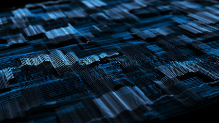 Wavy texture of halftone planes. Futuristic abstract background. Particle pattern. Big data visualization. 3D rendering.の写真素材