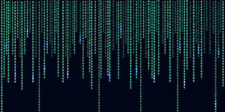 Matrix or binary code on the dark background with different vertical numbers and light. Big data visualization. Digital texture backdrop. Vector illustration.のイラスト素材