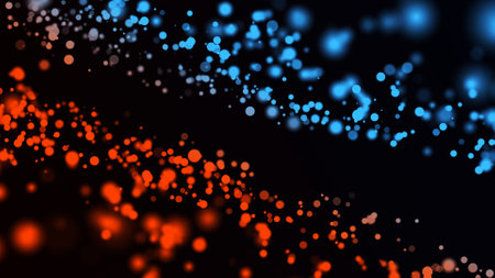 Abstract red and blue flying particles or dust background. Mesh space or galaxy texture. Global digital futuristic technology. 3D rendering.の写真素材