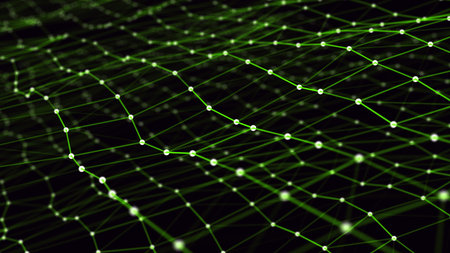 Green network connection wavy texture or structure. Abstract technology backdrop with points and...