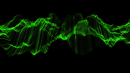 Green dynamic wave texture. Structure with dots on the dark background. Futuristic network...