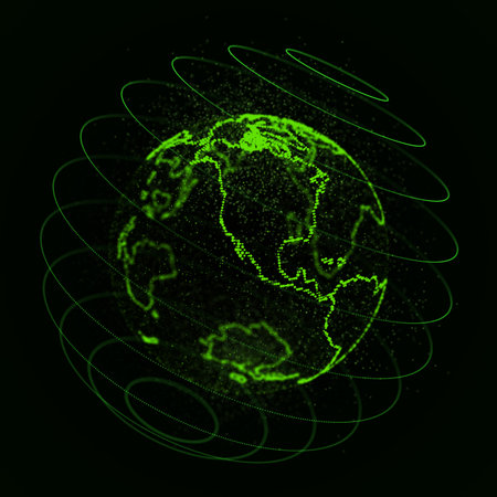 Abstract style earth with connections. Mesh sphere with space and particles. Global digital futuristic technology, big data. 3D rendering.の写真素材