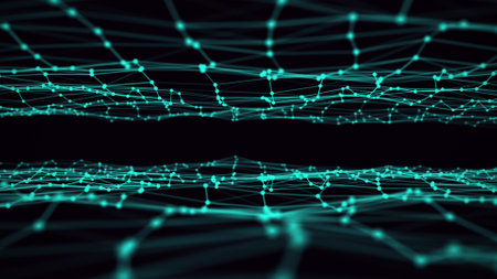 Two side network connection texture. Abstract technology structure backdrop with points and lines. Big data visualization. 3D rendering.の写真素材
