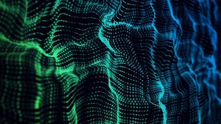 Digital dynamic texture wave background. The futuristic modern wavy structure of network connection. Big data visualization. 3D rendering.の写真素材