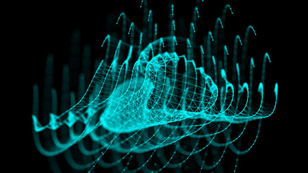 Abstract distorted sphere structure background. Mesh and damaged wavy pattern with flying particles....