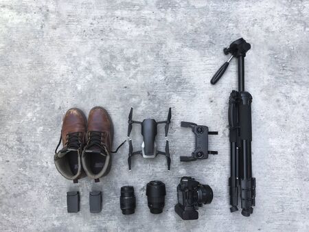 Photographer equipment in a top view with concrete backgroundの写真素材