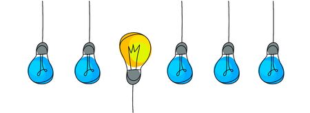 Set of light bulbs with one glowing. Trendy flat vector light bulb icons with concept of idea on white background.のイラスト素材
