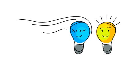 Vector concept of idea. Light bulbs with character faces. Doodle cartoony sign. Cute linear design element. Simple hand drawn illustration.のイラスト素材