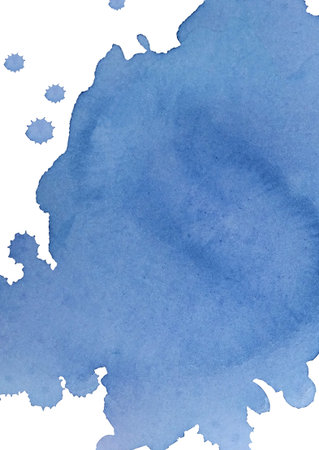 Blue watercolor splatter on a white background. Abstract blue paint splash. Hand painted blue splatter stain for backdrop. Element in the decorative design of header background, card, cover, banner.の写真素材
