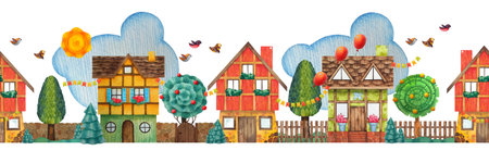 Red, yellow, green houses, flags, grass, trees, red balloons, fences, sun, birds, clouds.. Seamless pattern, seamless border. Watercolor illustration hand drawn in childrens style on white backgroundの写真素材
