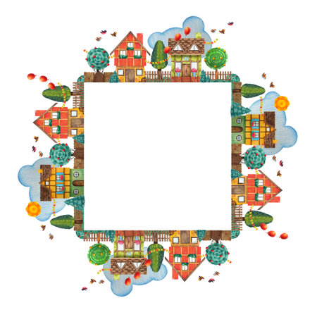 Red, yellow, green houses, tree, flag, balloon, sun, fence, cloud, bird on a white background. Template for text. Watercolor illustration hand drawn in children's style. Square, rectangular frame.の写真素材