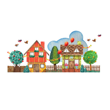 Red house, green house, grass, trees, multi colored flags, red balloons, fences, birds, cloud on the white background. Watercolor illustration made by hand in a simply childish style for design. Art.の写真素材