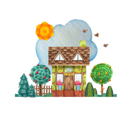 Green house, grass, flags, fence, coniferous tree, fruit tree, cloud, birds, sun on the white background. Multicolored watercolor illustration for design hand drawn in a simply childish style. Artの写真素材