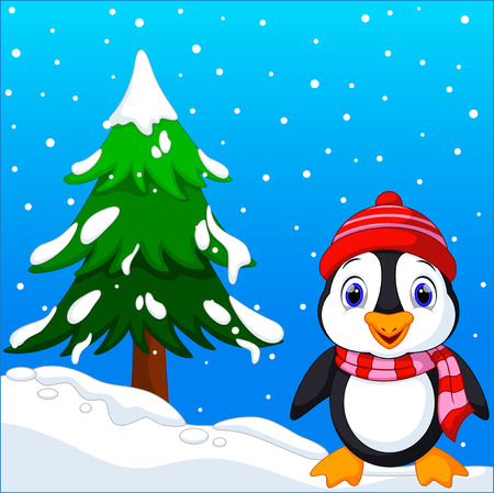 Cute penguin with christmas tree background and winterのイラスト素材