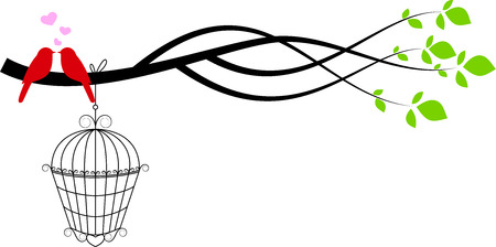 Illustration of tree silhouette with birds in loveのイラスト素材