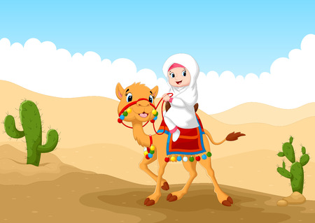 Illustration of Arab girl riding a camel in the desertのイラスト素材