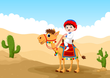 Illustration of Arab boy riding a camel in the desertのイラスト素材