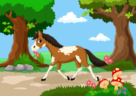 Funny horse with a background of a beautiful gardenのイラスト素材