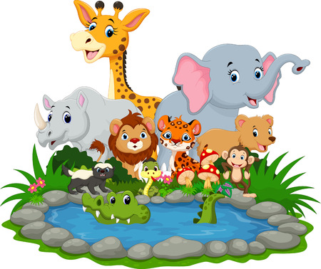 Wild animal with a crocodile in a small lakeのイラスト素材