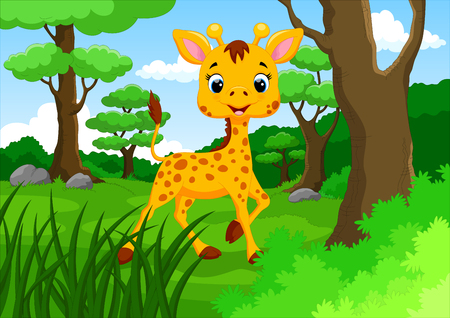 Cute giraffe in the jungle cartoonのイラスト素材