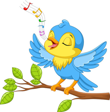 Vector illustration of Cute little bird sings on a tree branch isolated on white background