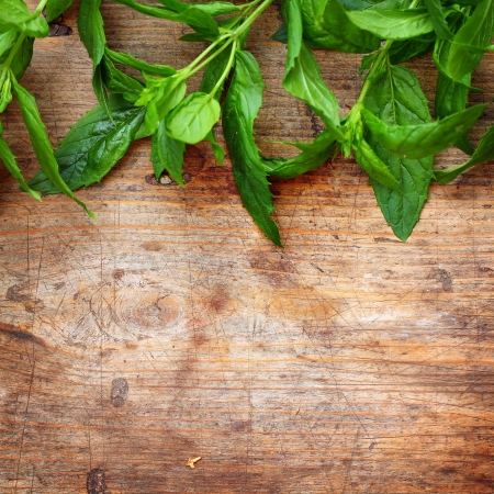 Green mint leaves on wooden backgroundの写真素材