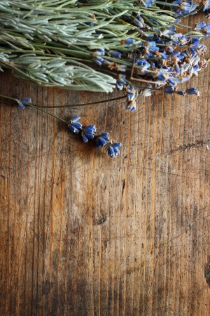 Lavender flowers on wooden backgroundの写真素材