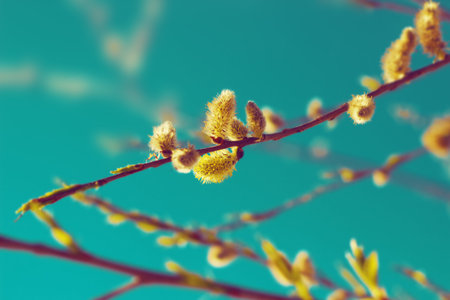 Branches of willow over the sky. Nature background.