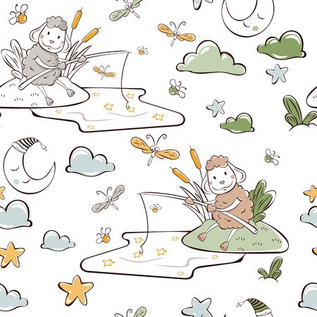 children's vector illustration. seamless pattern. sheep catches starsのイラスト素材