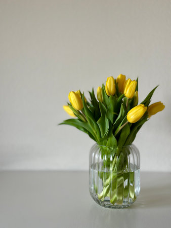 Bouquet of yellow tulips in a glass vase.の写真素材