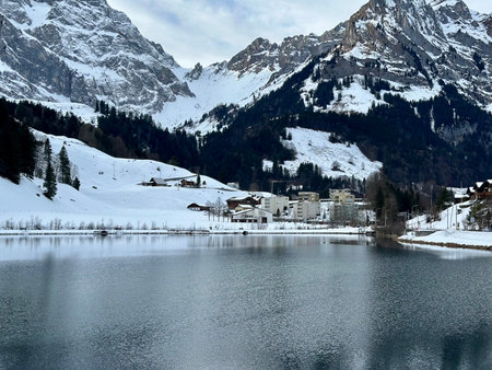 Lake in the Swiss Alps. Winter in the Swiss alps. Nature of Engelberg.