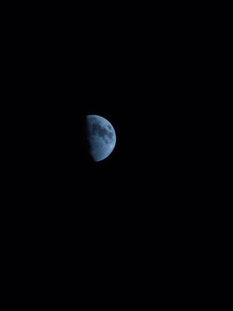 Close up of the moon in the night sky, with a dark background. Place to write.