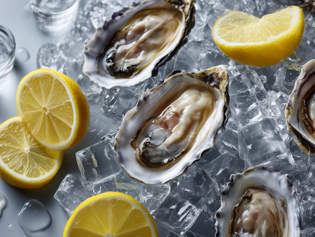 Fresh oysters with ice cubes and lemon slices on gray background, closeupの素材