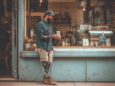 Bearded man with prosthetic leg holding a cup of coffee in a coffee shop.の素材